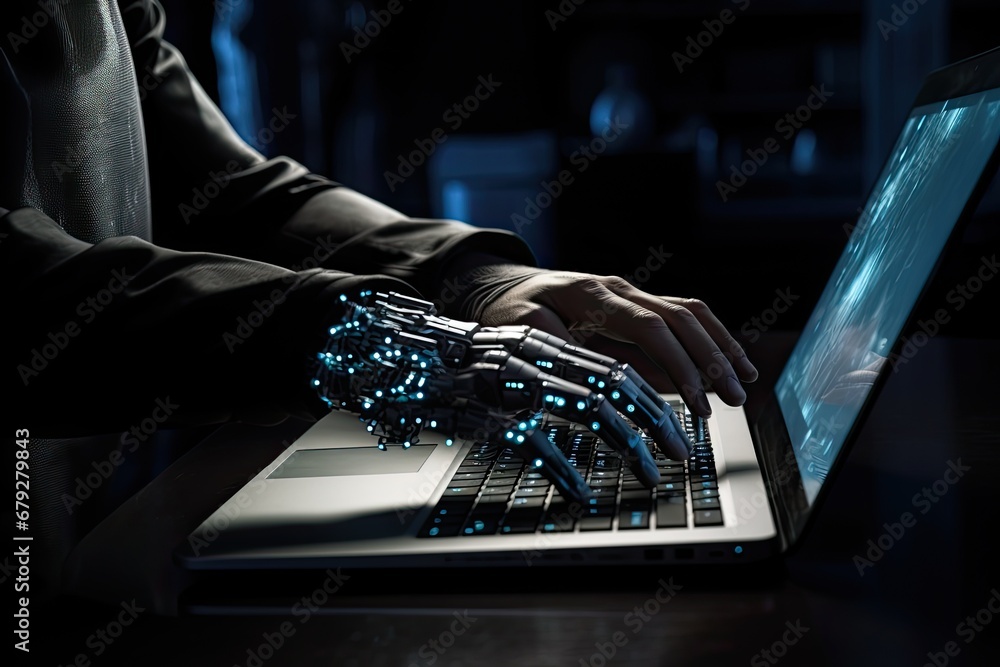 Poster close up of robot hand working on laptop in dark office at night, robot hand working on laptop compu