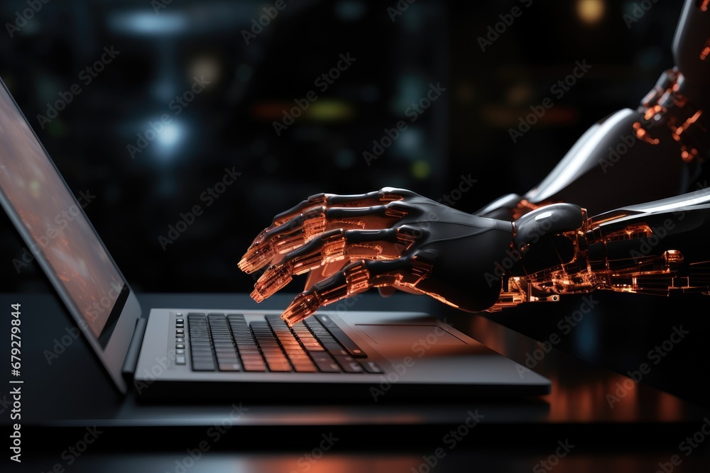 Poster robot humanoid hand working on laptop computer in dark office. 3d rendering, robot hand working on l