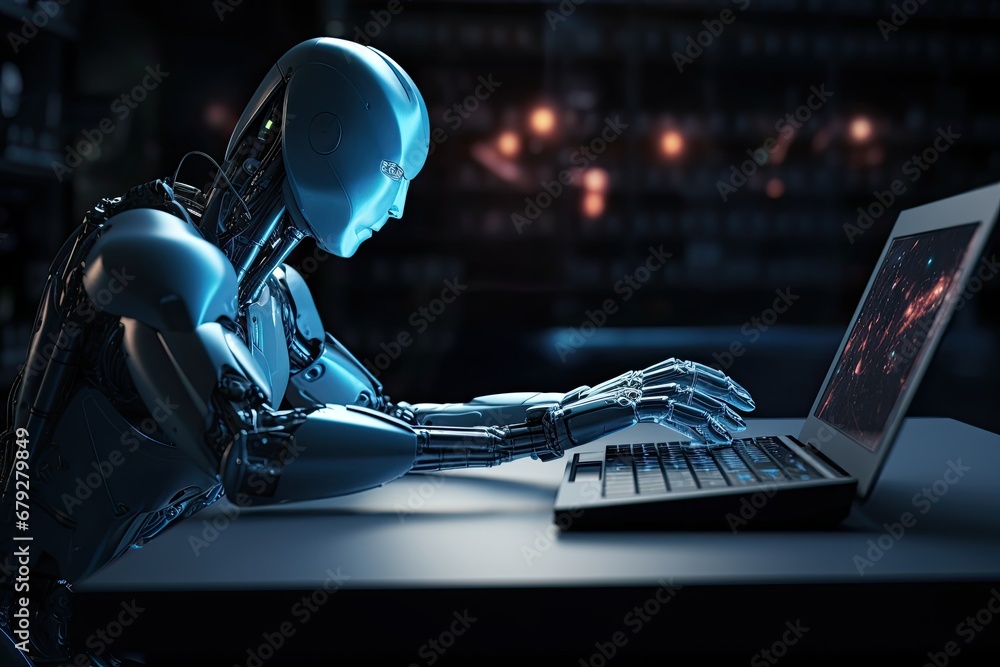 Poster 3d rendering humanoid robot working on laptop computer in dark office space, robot hand working on l