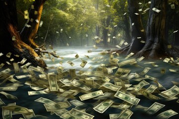 Money falling in the river with trees and leaves on the background, River of money, concept of Wealth and Abundance, AI Generated