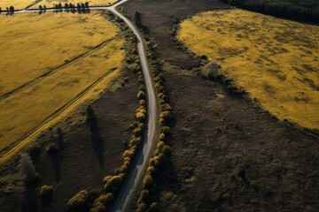 Aerial view of a road in the middle of a yellow field, Road in the countryside of Waikato aerial drone view, AI Generated - Powered by Adobe