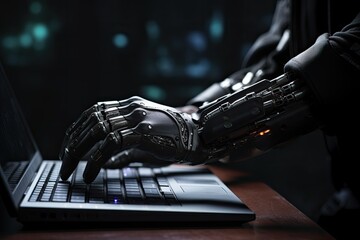 Robot hand typing on laptop keyboard at night. Artificial intelligence concept, Robot hand working on laptop computer in dark office 3D rendering, AI Generated - obrazy, fototapety, plakaty