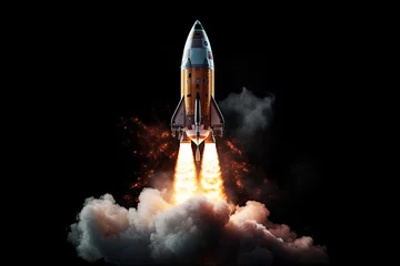 Fotobehang Rocket taking off into the sky. 3d illustration. Elements of this image furnished by NASA, Rocket taking off to the moon on a black background, AI Generated © Iftikhar alam