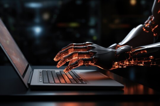 Robot humanoid hand working on laptop computer in dark office. 3D rendering, Robot hand working on laptop computer in dark office 3D rendering, AI Generated - Powered by Adobe