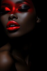 Silhouette of a full-length Dark-Skinned girl with red lips on a black background, Advertising image, Fashion banner