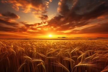 Beautiful sunset over the field with golden ears of wheat. Nature composition, Rural landscape with...