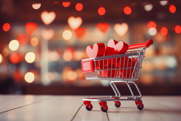 Shopping cart full of red hearts for Valentine's day. Festive bokeh background. Copy space