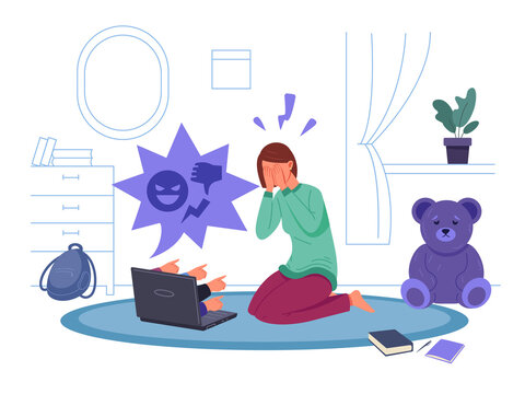 Cyber bullying. Social media cyberbully, computer troll online, abuse shaming girl, school hater attack child, internet violence, depressed woman crying cell, garish png illustration