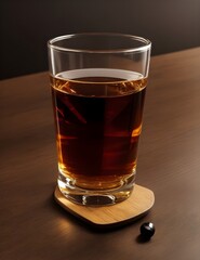 Scotch filled in the stylish glass on the wooden table, BLACK BACKGROUND, COPY SPACE