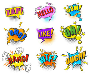 Snap speech bubbles. Comic suond effect sticker book superhero bubble, blast cloud with text boom omg pow wow crash zzz oops bang wtf yeah smash yes, cartoon neat png illustration - obrazy, fototapety, plakaty