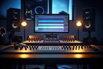 Professional audio mixing console in dark room. Media concept. 3D Rendering, Shot of a Modern Music Record Studio Control Desk with Computer Screen show User Interface of DAW Software, AI Generated