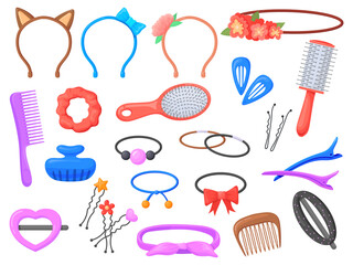 Cartoon hairpin accessories. Care hair pin accessory, elastic girl headband, female plastic comb, woman ribbon for head with flower bow, hairdressing set neat png illustration - obrazy, fototapety, plakaty