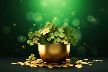 Golden pot with clover leaves on dark background. St. Patrick's Day concept. 3D Rendering, Saint Patrick's Day banner with black pot full of gold coins and shamrock leaves abstract, AI Generated - obrazy, fototapety, plakaty
