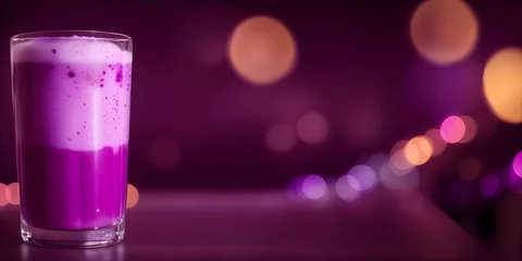 Fototapeten Grimace milk shake filled in attractive glass on the table, bokeh lights background, copy space © Naksh