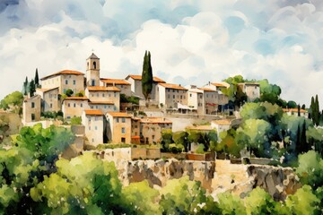 Digital watercolor painting of a village in Provence, France, Saint Paul de Vence, AI Generated