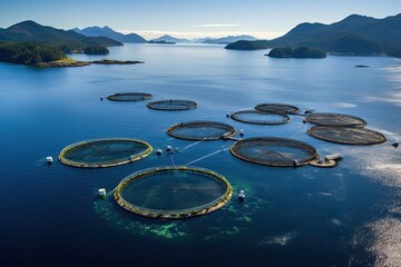 Fishing nets on the fjord in Norway. View from above, Salmon fish farm in ocean water near coast of Streymay Island, AI Generated