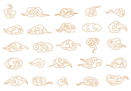 Cartoon chinese clouds. Asian style tattoo in shape cloud, oriental ornament elements korean japanese thai tibetan doodle cloudy sky traditional