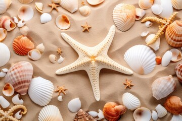 Fototapeta na wymiar Seashells and starfish on sand background, top view, Sandy beach with collection of seashells and starfish as natural textured background, AI Generated