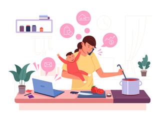 Multitasking mom. Busy mother with baby, woman task work home, family stress, distracted kitchen cooking, housewife management, parent chaos children kid flat garish png