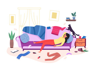 Obraz premium Woman messy room. Lazy unmotivated girl in dirty home apartment, untidy depressed female lying at mess couch, rest apathetic cartoon character with sad cat, garish png illustration