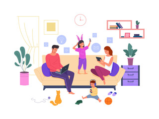 Family addiction to gadgets. Addicted people in social media cellphones, kid using phone digital home internet, parent use tablet all time, child hold device, garish png
