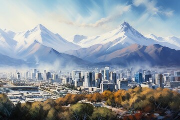 Digital painting of the cityscape of Santiago de Chile, Chile, Santiago Chile cityscape, AI Generated - obrazy, fototapety, plakaty