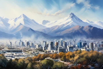 Fotobehang Digital painting of the cityscape of Santiago de Chile, Chile, Santiago Chile cityscape, AI Generated © Iftikhar alam
