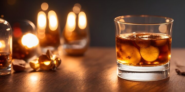 Scotch filled in the stylish glass on the wooden table, bokeh lights BACKGROUND, COPY SPACE