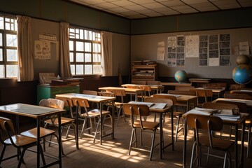 Classroom of an old school with a clock in the background, School classroom with school desks and blackboard in Japanese high school, AI Generated