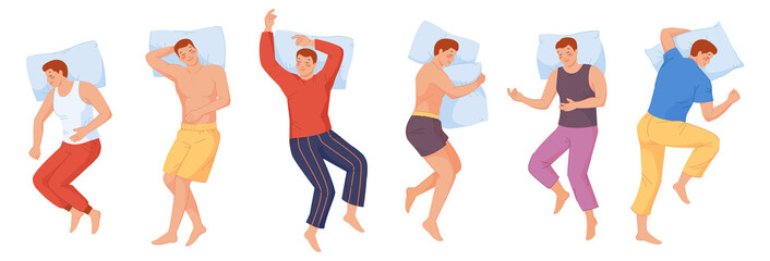 Man sleep in bed. Male sleeping poses, png illustration - obrazy, fototapety, plakaty