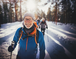 Winter vacations, a group of active senior friends gear up for a hike in the snow. Focus on a smiling man on camera. Generative ai - Powered by Adobe