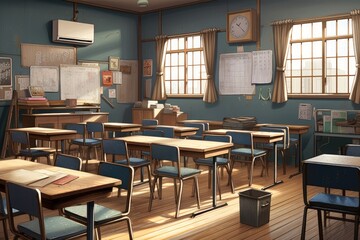 Fototapeta na wymiar Interior of a school classroom with chairs and desks, 3d render, School classroom with school desks and blackboard in Japanese high school, AI Generated