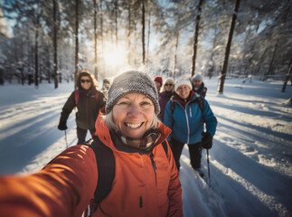 on winter holiday, a group of female senior friends equipped for a hike in the snow take a selfie. Generative ai