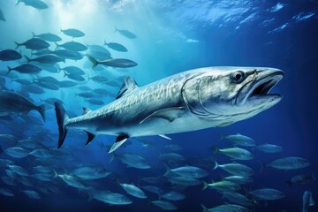 Obraz premium Barracuda swimming in the blue ocean with school of fish around, School of Barracuda in the Red Sea. Egypt. Africa, AI Generated