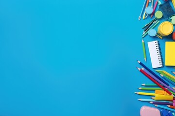 Fototapeta premium School supplies on blue background. Back to school concept. Copy space, School supplies on blue background. Top view. Copy space, AI Generated