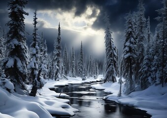 snowy trees stream forest snow ground clouds stunning deep highly city close night shades grey zoomed out scenery uplit ski tundra warmly lit