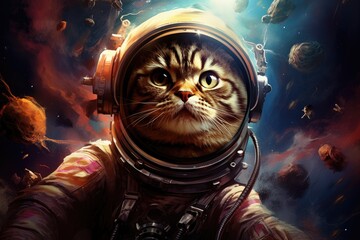 Funny cat astronaut in spacesuit on space background with planets and stars, Science fiction space wallpaper with cat astronaut, AI Generated