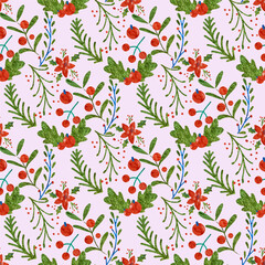 Seamless pattern with Christmas botanical plants, flowers and berries. Textile or wallpaper print