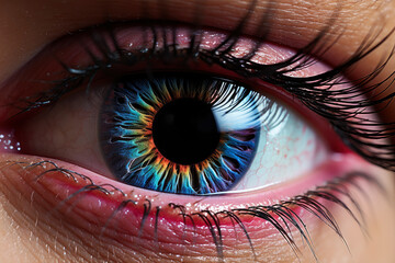 Female eye with bright and colorful makeup with eye shadow, mascara and contact lenses close-up