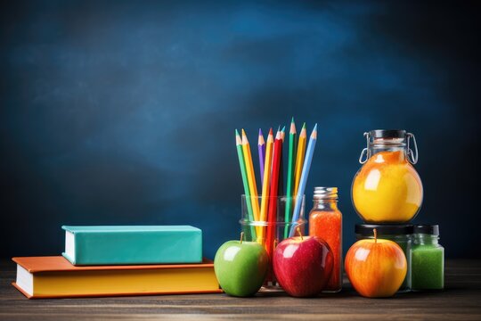 Back to school concept. School supplies on wooden table and blackboard background, school supplies with chalkboard, back to school concept, AI Generated