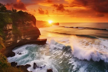 Fototapeten Sunset over the ocean with waves crashing on the cliffs. Bali, Indonesia, Seascape, ocean at sunset. Ocean coast with waves near Uluwatu temple at sunset, Bali, Indonesia, AI Generated © Iftikhar alam