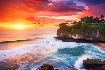 Tanah Lot temple at sunset, Bali island, Indonesia, Seascape, ocean at sunset. Ocean coast with waves near Uluwatu temple at sunset, Bali, Indonesia, AI Generated - obrazy, fototapety, plakaty