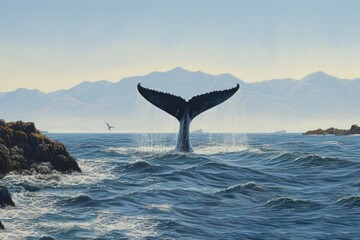 Whale tail in the ocean. Humpback Whale tail in the ocean, Seascape with Whale tail, AI Generated