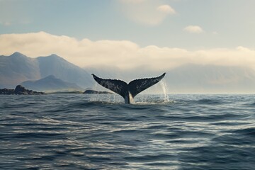 Fototapeta premium Whale tail in the ocean with mountains in the background. Iceland, Seascape with Whale tail, AI Generated