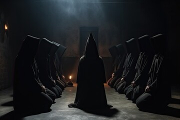 Group of people in death costume sitting in a row in a dark room. Selective focus, Secret society ceremony, people in hoods praying together. Members of sect perform the ritual in dark, AI Generated
