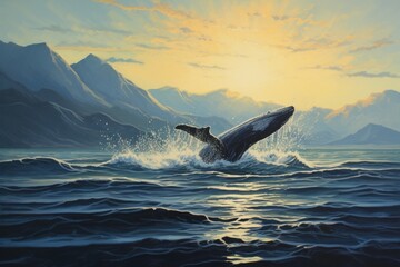 Fototapeta premium Humpback whale swimming in the sea at sunset. 3D Rendering, Seascape with Whale tail, AI Generated