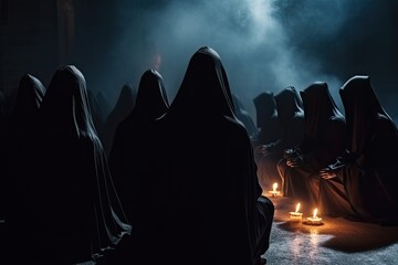 Group of unknown people in the dark with a lit candle. Halloween concept, Secret society ceremony, people in hoods praying together. Members of sect perform the ritual in dark hall, AI Generated - obrazy, fototapety, plakaty