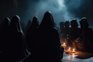 Fotobehang Group of unknown people in the dark with a lit candle. Halloween concept, Secret society ceremony, people in hoods praying together. Members of sect perform the ritual in dark hall, AI Generated © Iftikhar alam