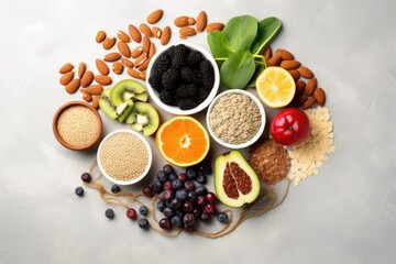 Composition with different superfoods on light background, top view, Selection of healthy rich fiber sources vegan food for cooking, top view on a white stone, AI Generated