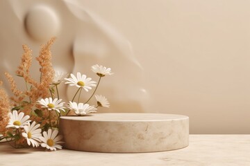 a round beige marble podium with daisies, dried flowers, and field herbs growing behind. light cream minimalistic background